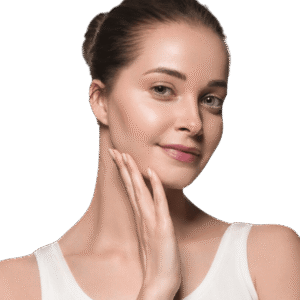 Woman with smooth skin gently cupping her cheek with one hand.