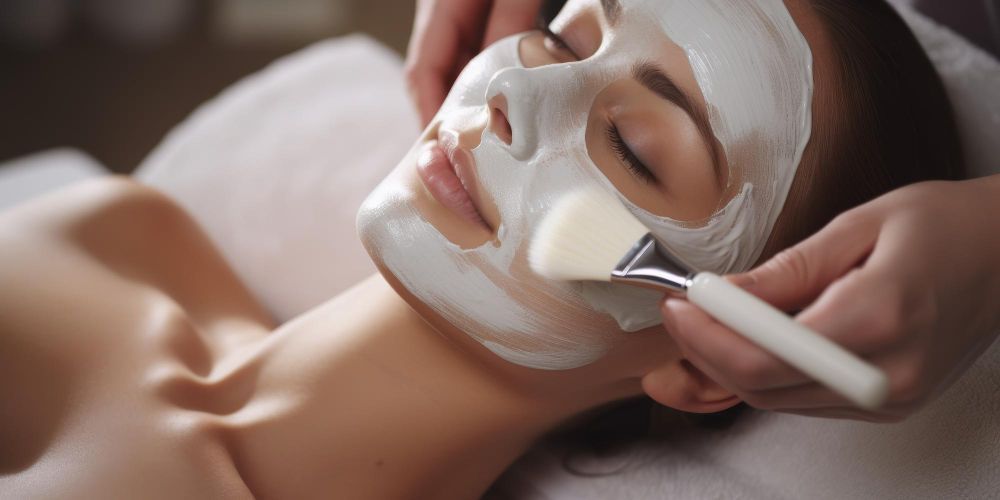 a woman lies with a white facial mask being spread across her face by a therapist using a brush at a spa.