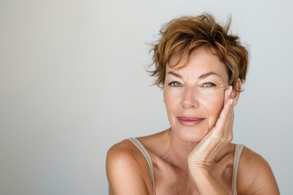 Smiling woman with short, light brown hair resting her cheek on her hand against a neutral background.