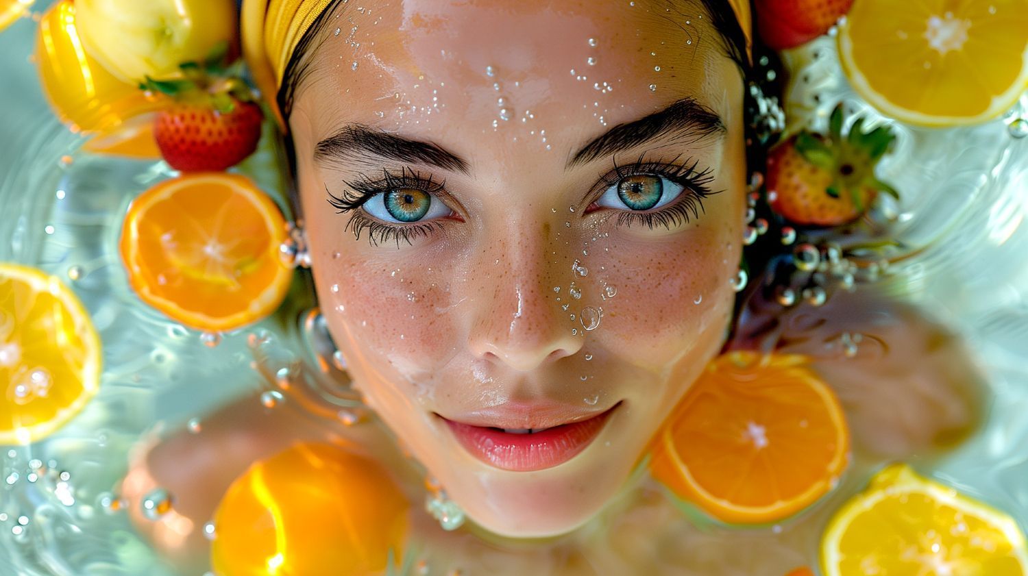 Close-up of a woman with blue-green eyes submerged in water, surrounded by sliced oranges, lemons, and strawberries.