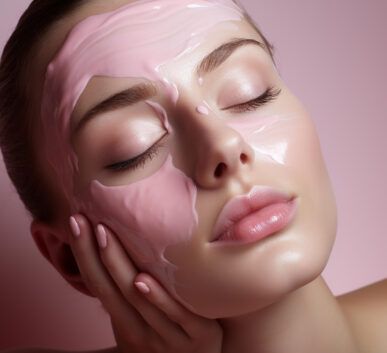 woman with a glossy pink facial mask covering her forehead, cheeks, and chin, eyes closed.