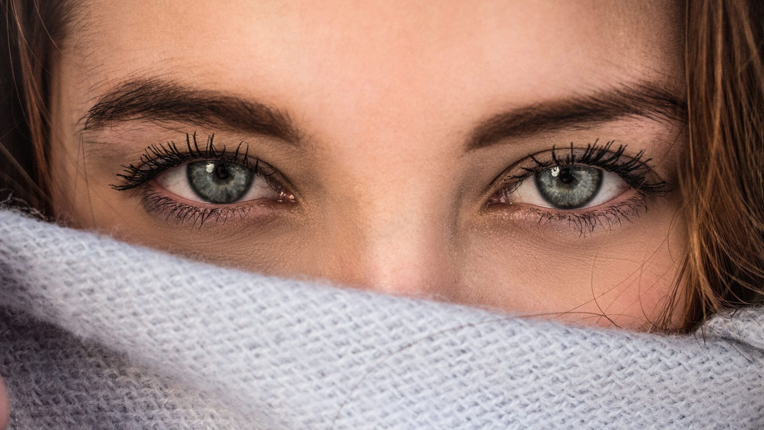 Close-up of blue-gray eyes peering over a soft gray knit scarf or blanket.