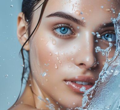 close-up portrait of a woman with striking blue eyes as water splashes across her face for a fresh, beauty-focused look.