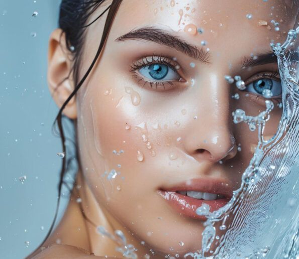 close-up portrait of a woman with striking blue eyes as water splashes across her face for a fresh, beauty-focused look.