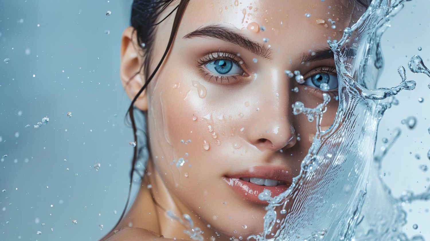 Close-up portrait of a woman with striking blue eyes as water splashes across her face for a fresh, beauty-focused look.
