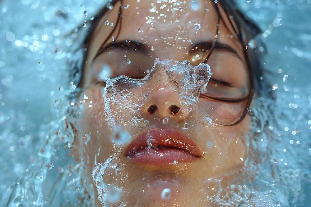 Close-up of a woman's face submerged in water with bubbles on her nose and lips, eyes closed.