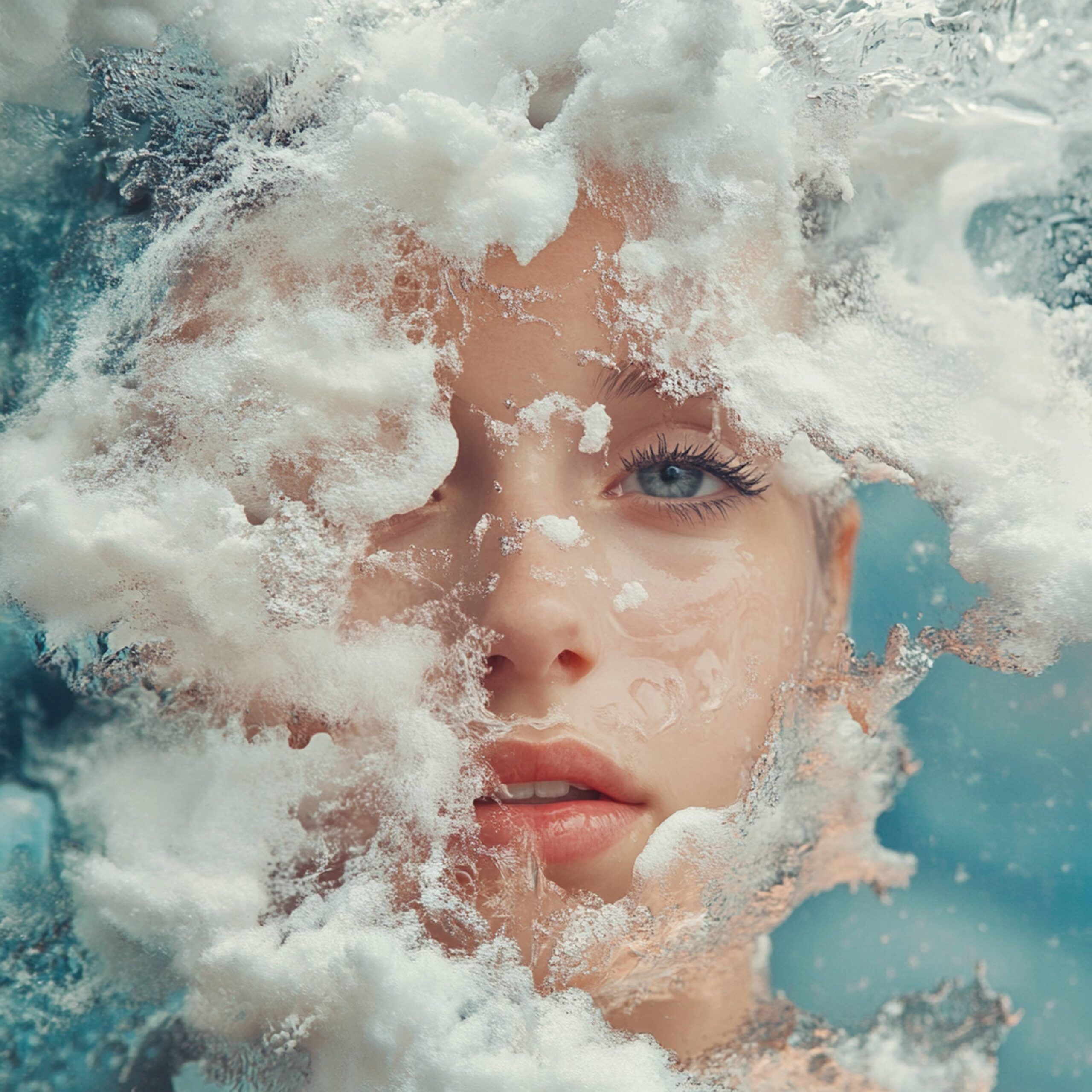 Close-up of a person's face obscured by ice and snow, with a blue eye visible and pink lips.