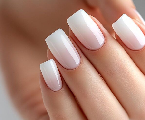 manicura (1) close-up of a hand showing well-groomed nails with white-to-pale-pink oval tips, glossy finish, and smooth skin.