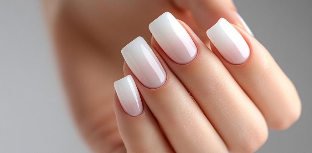 Close-up of a hand showing well-groomed nails with white-to-pale-pink oval tips, glossy finish, and smooth skin.
