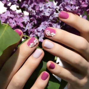 Close-up of hands with pink and lavender nails holding purple lilac flowers