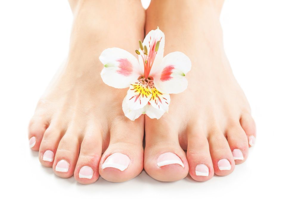 Pedicure-ready feet with white nail polish and a white orchid-like flower resting between the toes on a white background.