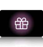 white gift box icon with a ribbon, centered on a black rounded card with a purple glow and subtle bottom reflection.