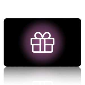 White gift box icon with a ribbon, centered on a black rounded card with a purple glow and subtle bottom reflection.