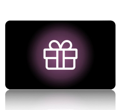 White gift box icon with a ribbon, centered on a black rounded card with a purple glow and subtle bottom reflection.