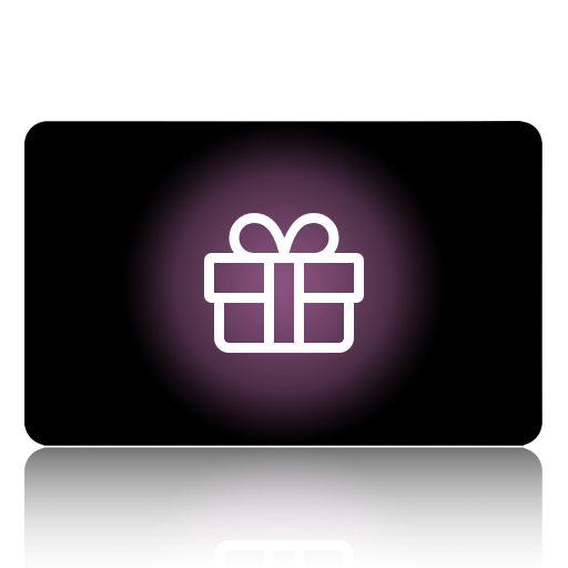 pwgiftcard white gift box icon with a ribbon, centered on a black rounded card with a purple glow and subtle bottom reflection.