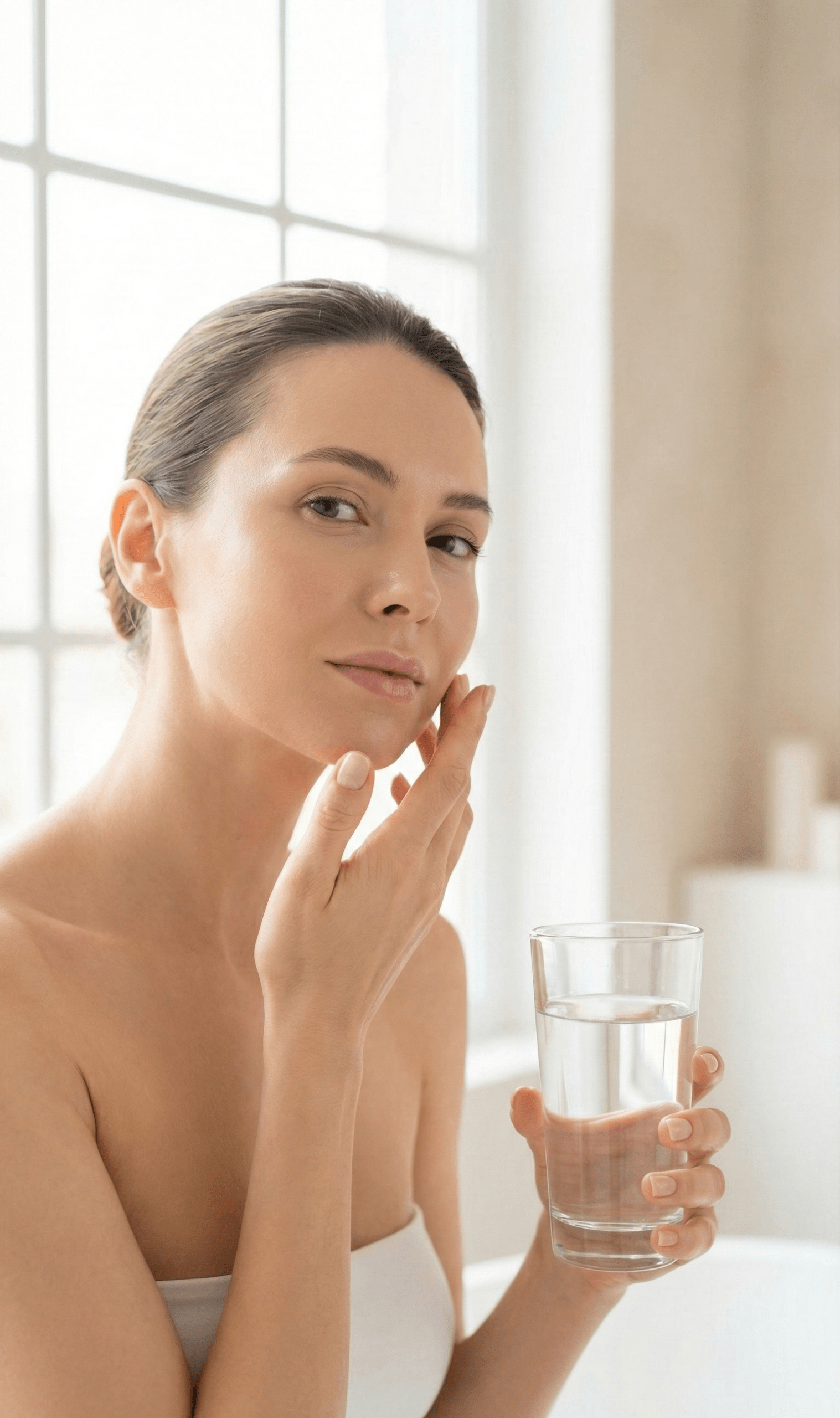 Mujer con piel hidratada y sana bebiendo agua, concepto de cuidado facial post-navidad sin agresiones.
