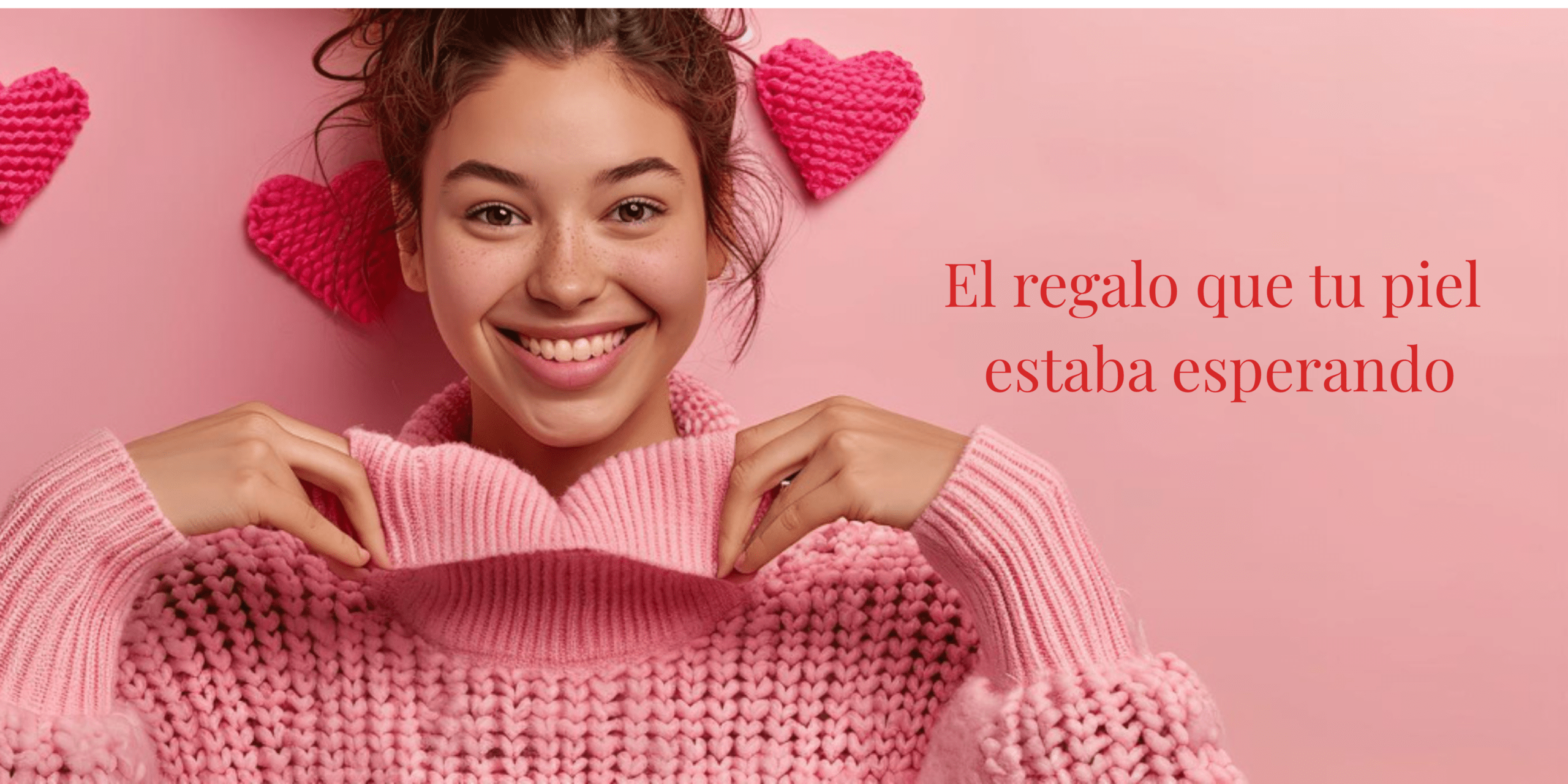 Smiling woman with freckles in a chunky pink sweater against a pink backdrop; bold red Spanish headline on the right reads 'El regalo que tu piel estaba esperando'.