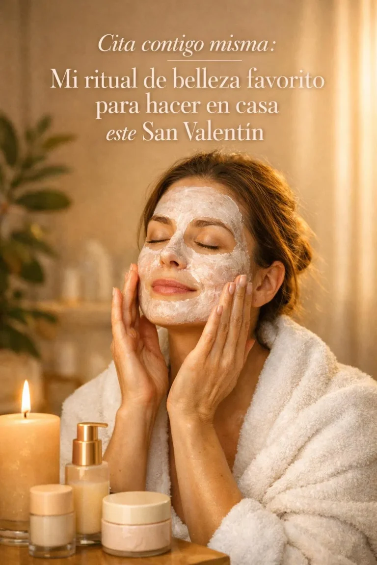mujer relajada aplicando mascarilla facial en ritual de belleza en casa con ambiente acogedor tonos nude y crema