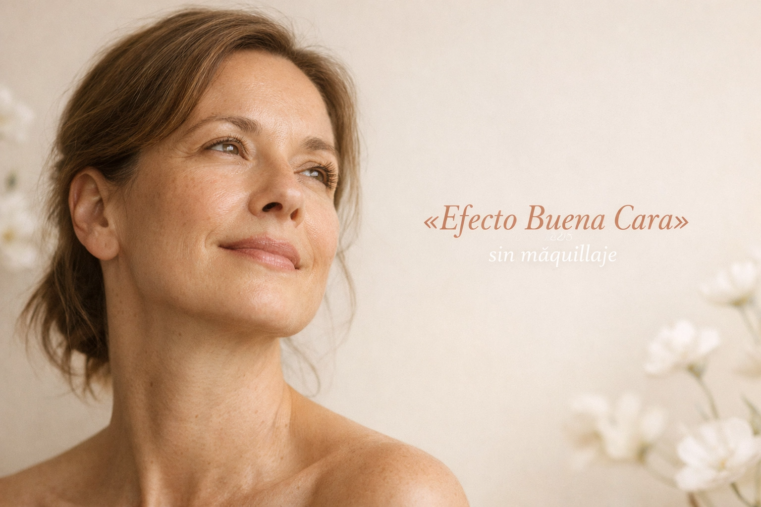 Mujer con piel luminosa y natural sin maquillaje, textura visible, tonos nude y crema, primavera, centro de estética Las Palmas