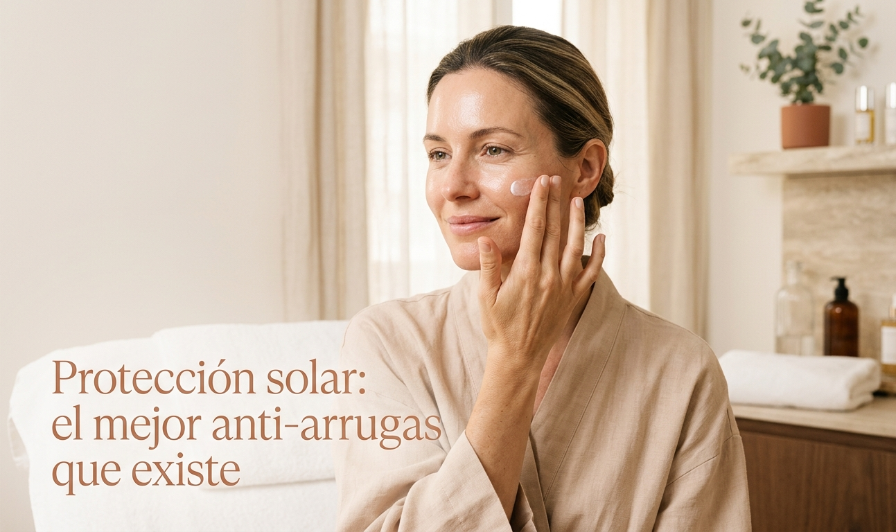 Mujer con piel luminosa y natural usando fotoprotector facial en un entorno de centro de estética, tonos nude y crema