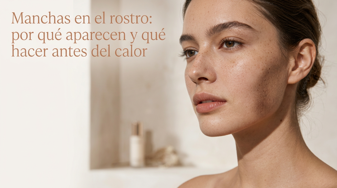 Mujer con piel luminosa y tono uniforme en centro de estética, ilustrando el tratamiento profesional de manchas faciales antes del verano