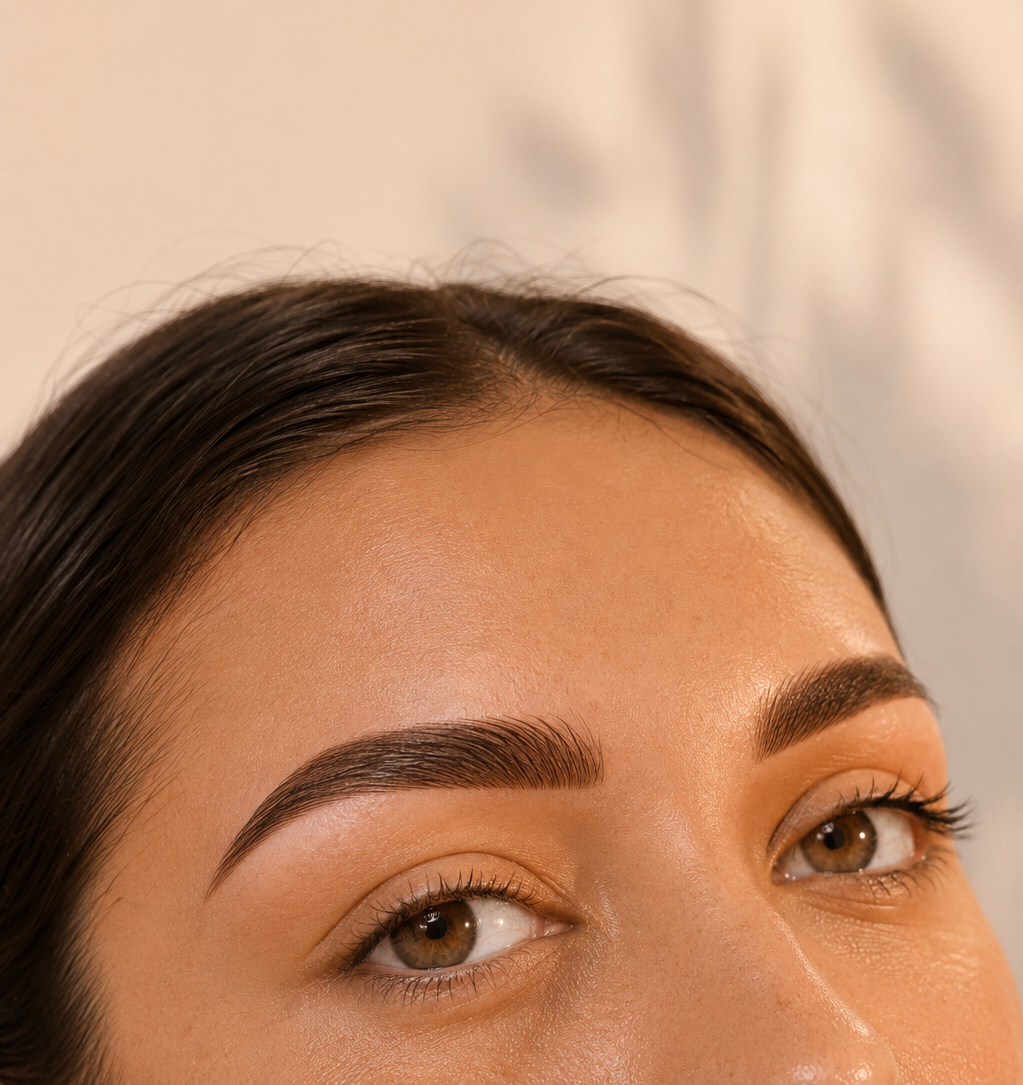 Mujer con cejas perfectamente definidas por microblading bajo luz natural de verano, tonos nude y crema