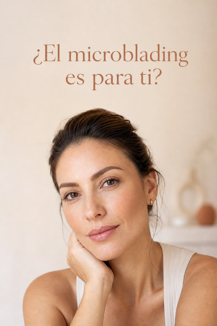 Close-up portrait of a woman with her hand under her chin, beige background, and the text '¿El microblading es para ti?' at the top.