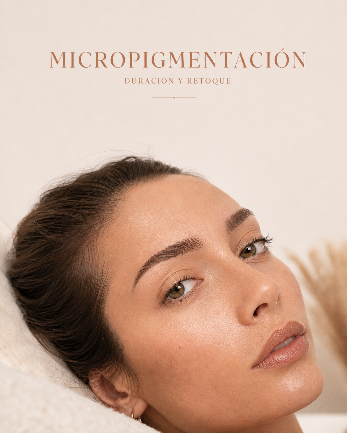 Mujer con cejas perfectamente micropigmentadas, diseño natural pelo a pelo, tonos nude, iluminación suave de cabina estética profesional