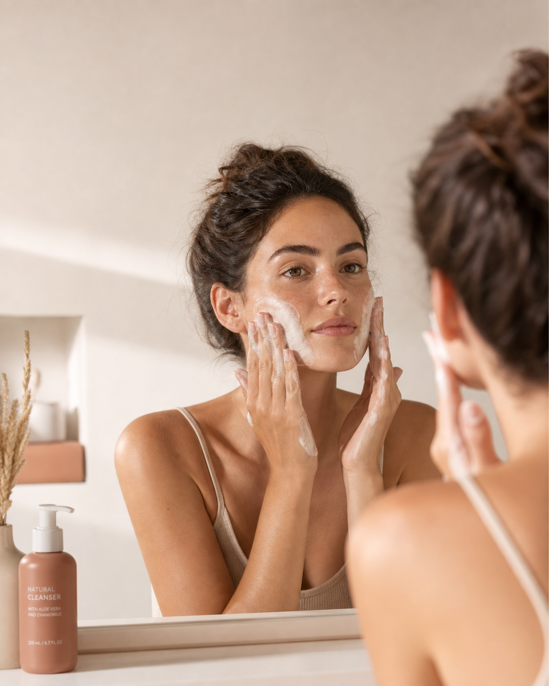 Mujer realizando rutina de limpieza facial con agua tibia frente al espejo, piel luminosa y natural, tonos nude y crema
