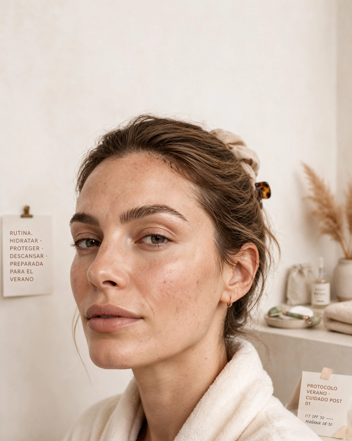 Mujer con cejas diseñadas con microblading preparada para sus vacaciones de verano, resultado natural y definido