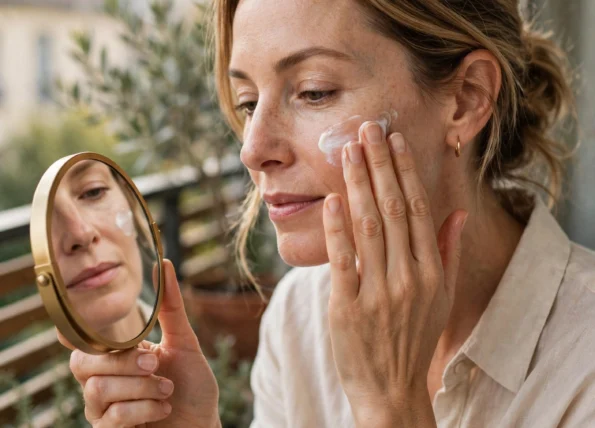 mujer aplicando crema hidratante frente a un espejo en un balcón luminoso de verano, tonos nude y crema