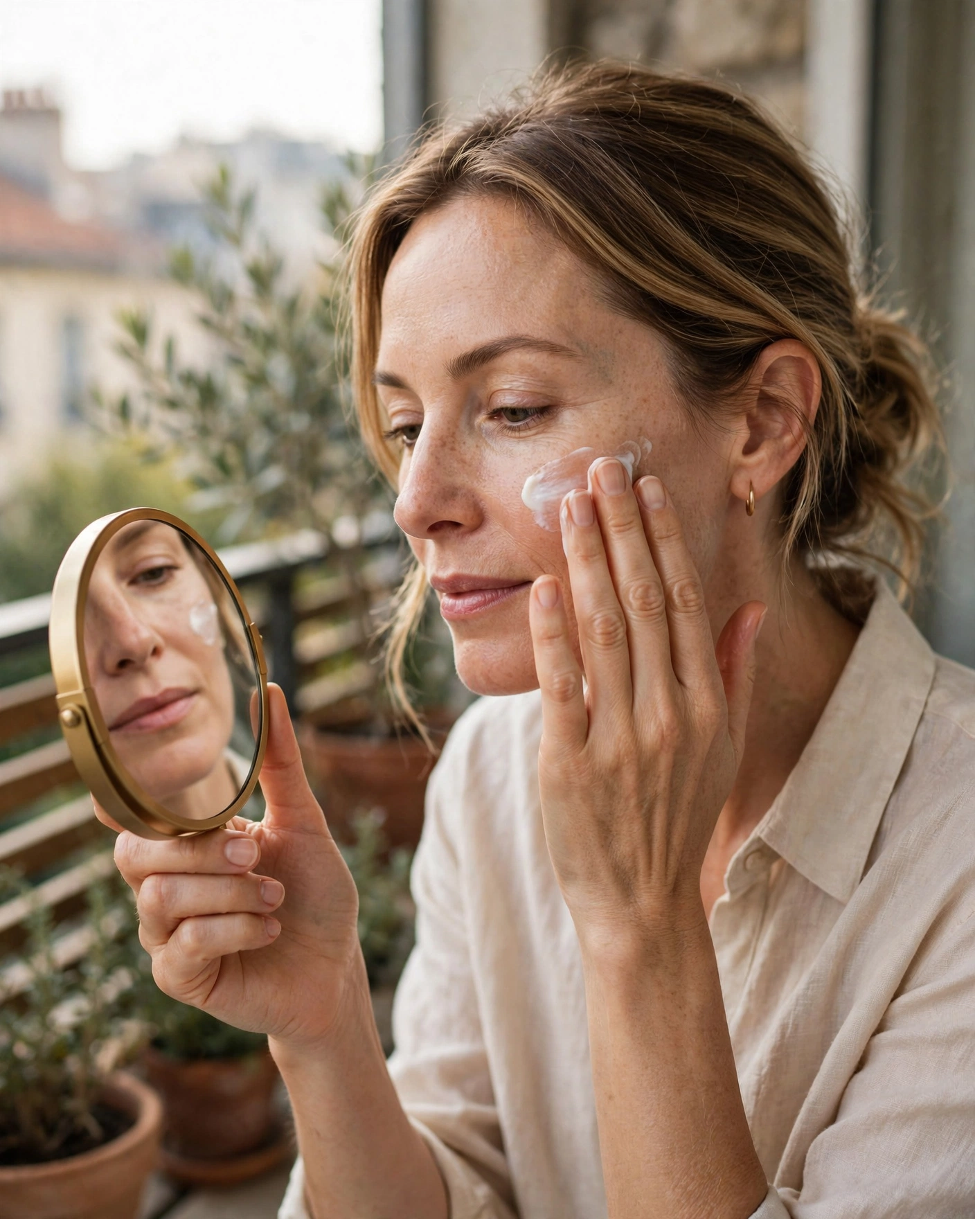 mujer aplicando crema hidratante frente a un espejo en un balcón luminoso de verano, tonos nude y crema