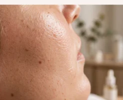 textura de piel con brillo natural en verano, primer plano, tonos nude y crema
