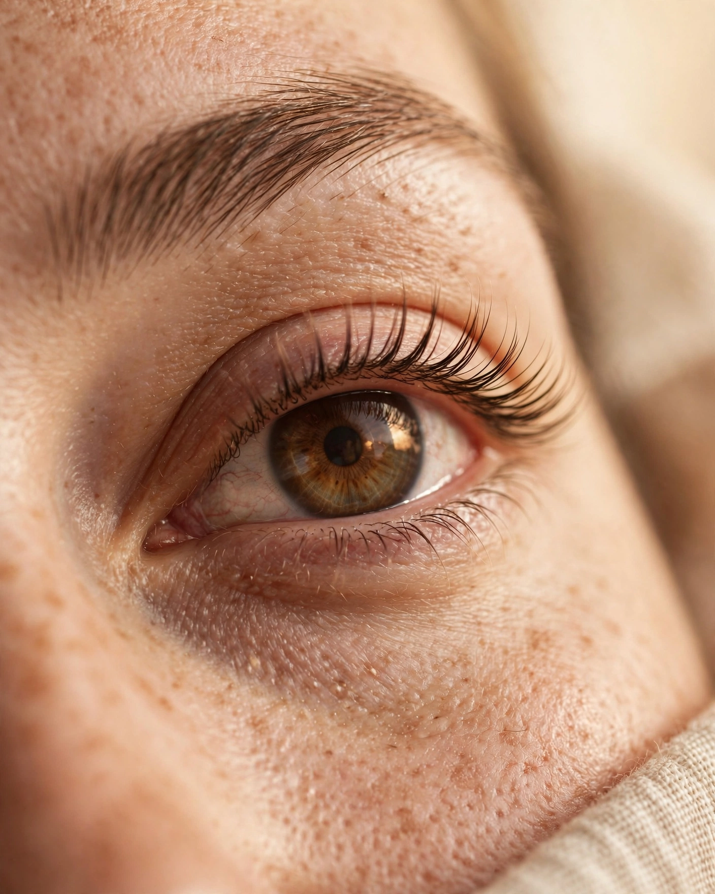 Primer plano de ojo con pestañas naturales tras un tratamiento de lash lift en cabina