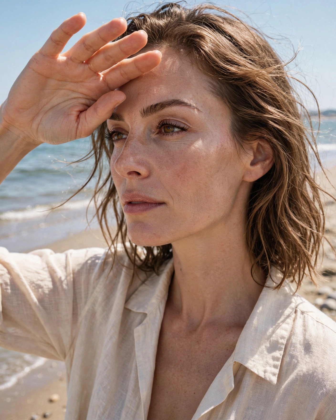 mujer con cejas microbladeadas y pestañas con lash lift protegiéndose el rostro con la mano en la orilla del mar, luz de mediodía, tonos nude y crema