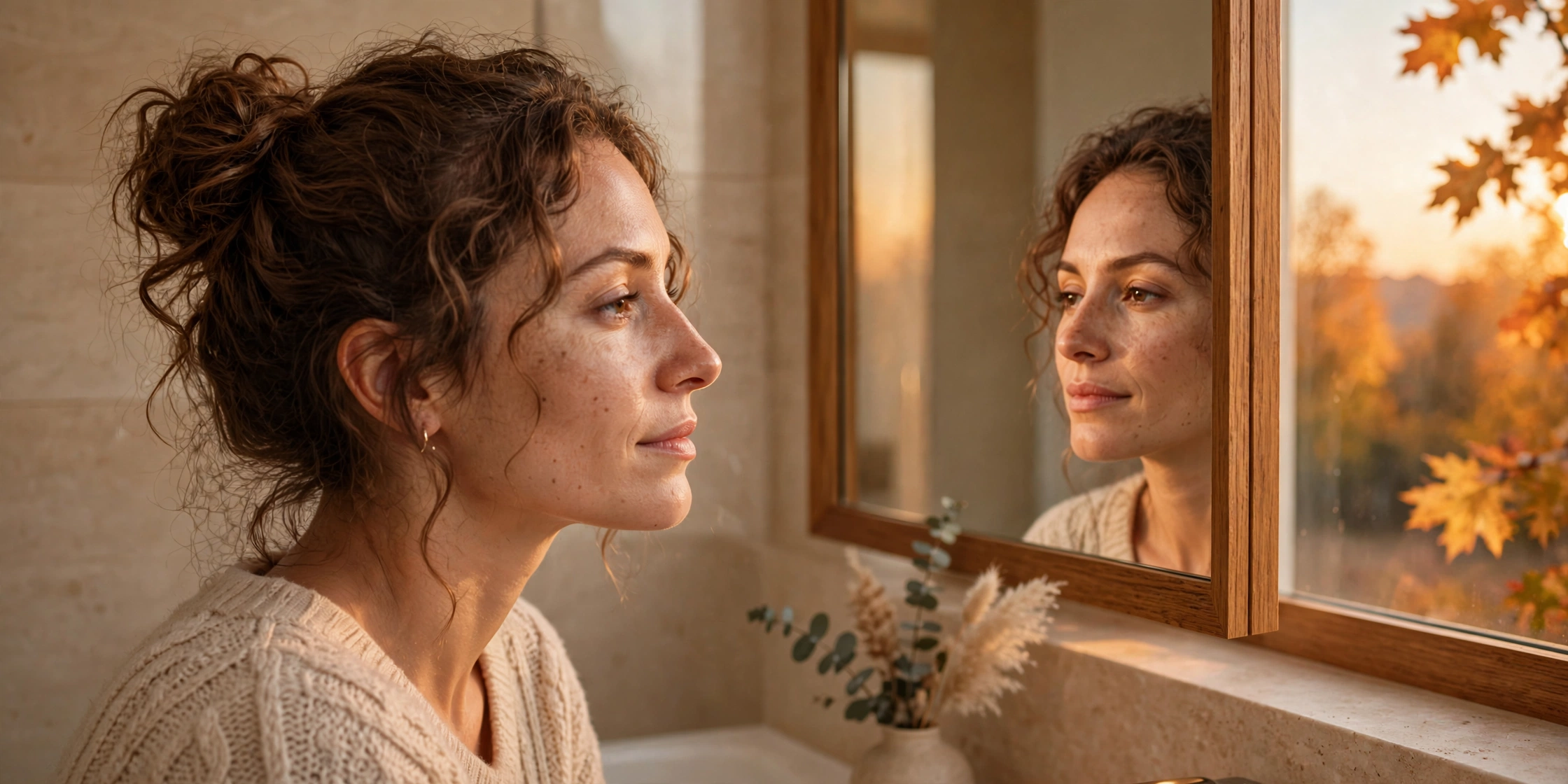 Mujer observando su reflejo en un espejo, luz cálida de atardecer con tonos de transición hacia el otoño, piel con textura natural