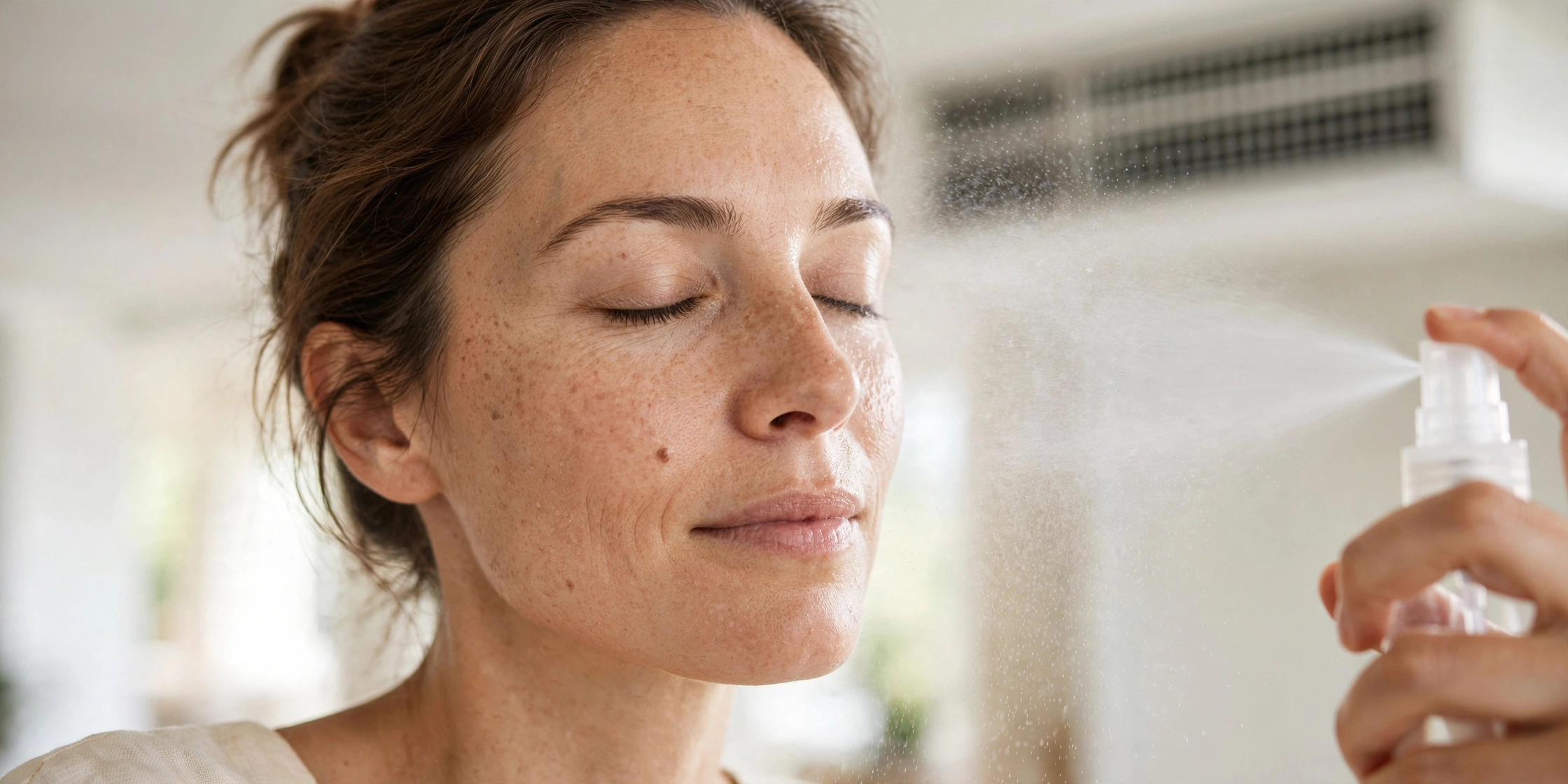 mujer usando bruma facial hidratante en interior con aire acondicionado, piel con textura natural, tonos nude y crema