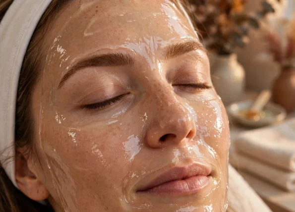 mujer en cabina de estética recibiendo un tratamiento facial de otoño, primer plano de rostro con gel post-tratamiento, luz cálida de tarde