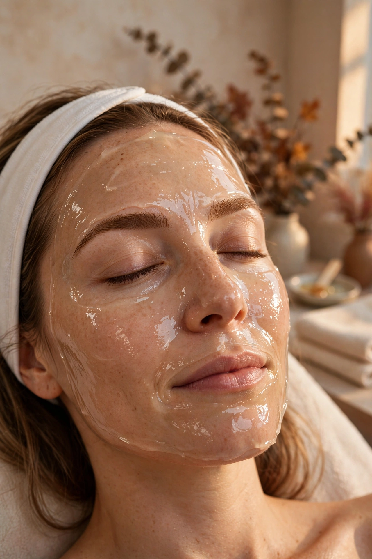 Mujer en cabina de estética recibiendo un tratamiento facial de otoño, primer plano de rostro con gel post-tratamiento, luz cálida de tarde