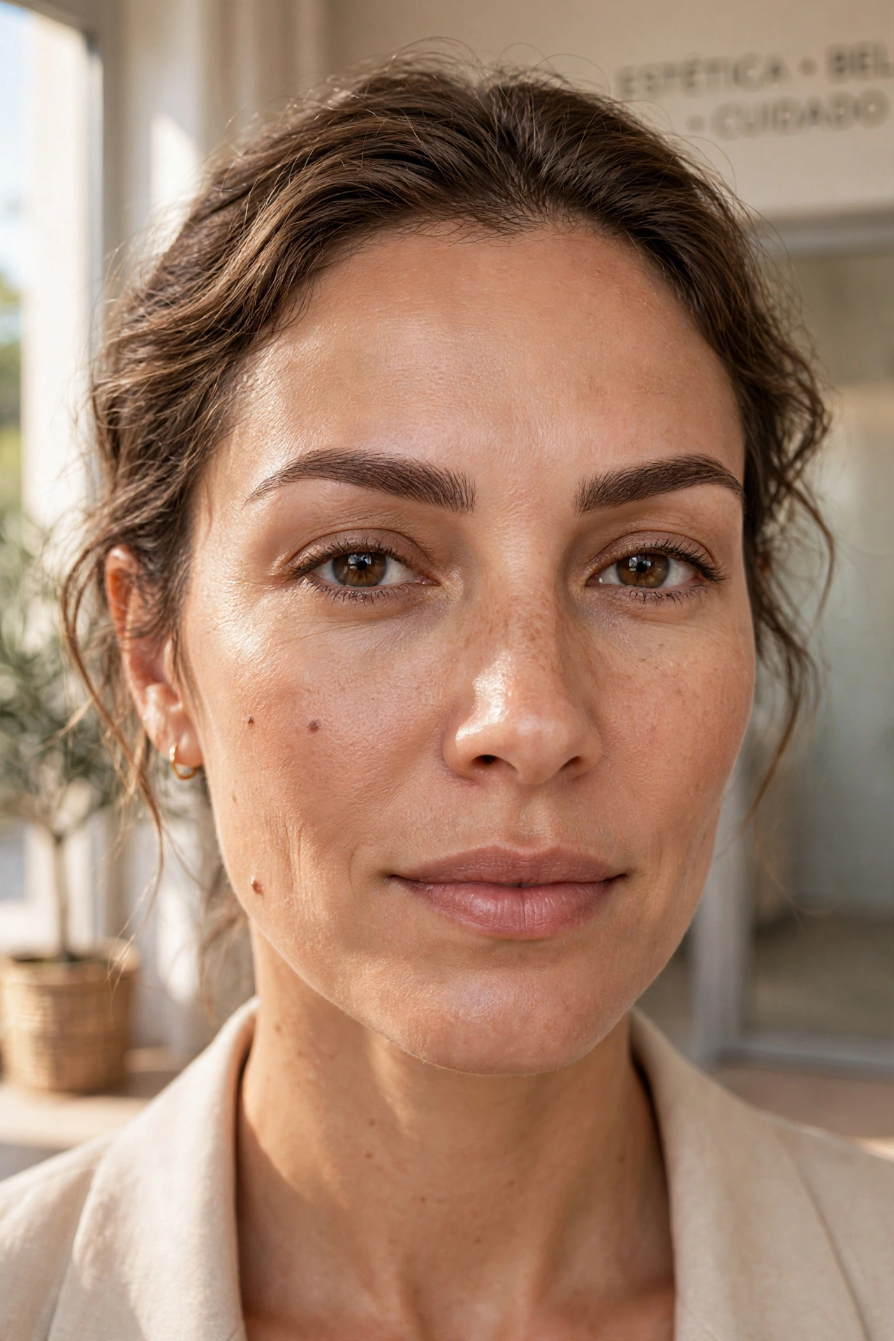 Primer plano de cejas recién retocadas con microblading, mirada directa a cámara, luz natural junto a la ventana de entrada del centro