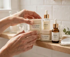 mujer organizando frascos de sérum y crema hidratante sobre una repisa de baño, luz natural de mañana, tonos nude y crema