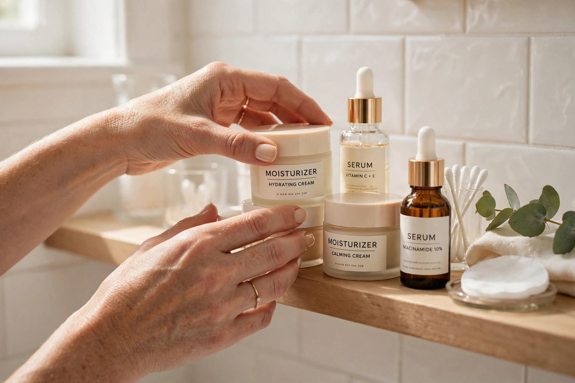 mujer organizando frascos de sérum y crema hidratante sobre una repisa de baño, luz natural de mañana, tonos nude y crema