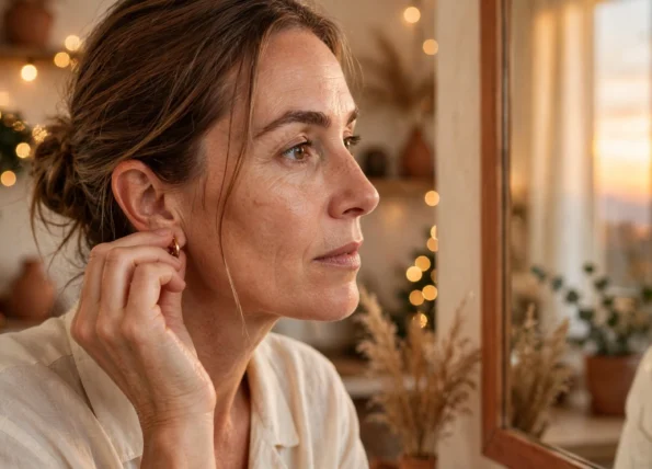 mujer con cejas de microblading natural abrochándose un pendiente frente al espejo, luz cálida de atardecer