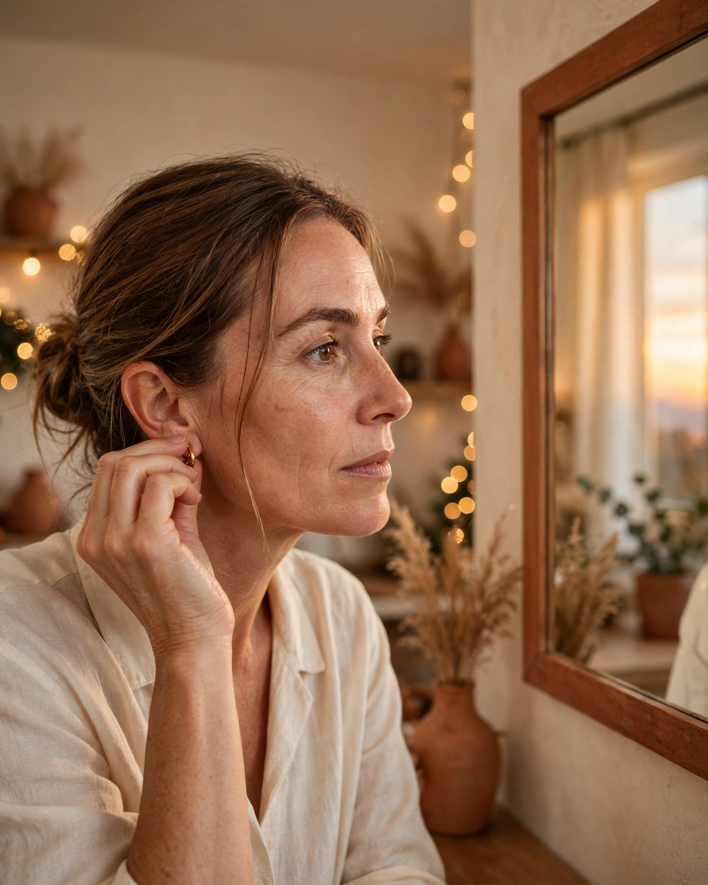 Mujer con cejas de microblading natural abrochándose un pendiente frente al espejo, luz cálida de atardecer