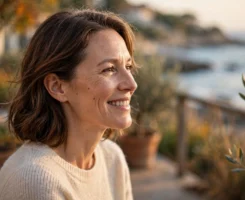 mujer de perfil sonriendo en una terraza junto al mar con luz suave de otoño, con la piel luminosa, para un artículo sobre el tratamiento facial de vitaminas y minerales