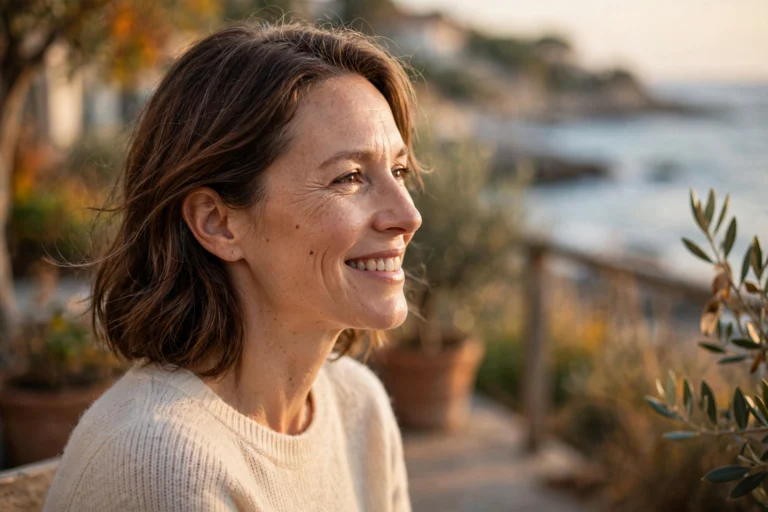 mujer de perfil sonriendo en una terraza junto al mar con luz suave de otoño, con la piel luminosa, para un artículo sobre el tratamiento facial de vitaminas y minerales